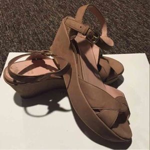 Stuart Weitzman Tan Nubuck Platform Wedge  Sandal
